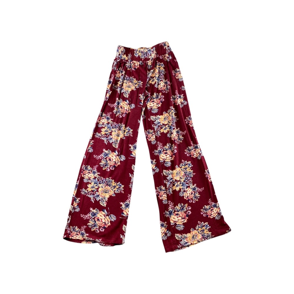 PINK REPUBLIC Floral Wide Leg Palazzo Pants Burgundy Yellow Blue Size Small